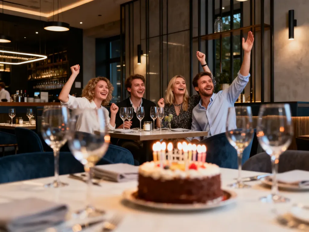 Elegancko nakryty stół w nowoczesnej restauracji w Sosnowcu, przy którym grupa przyjaciół świętuje urodziny.