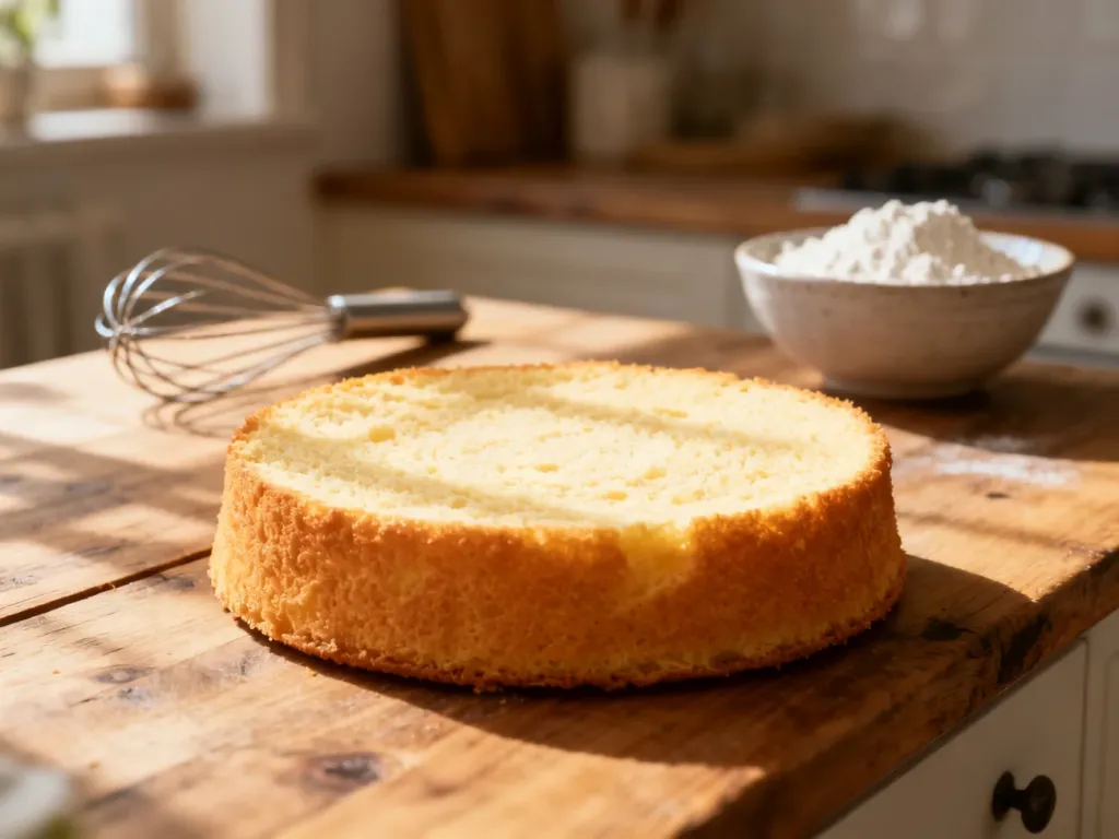 Puszysty, złocisty blat biszkoptowy na drewnianym blacie w przytulnej kuchni, gotowy do przygotowania tortu.