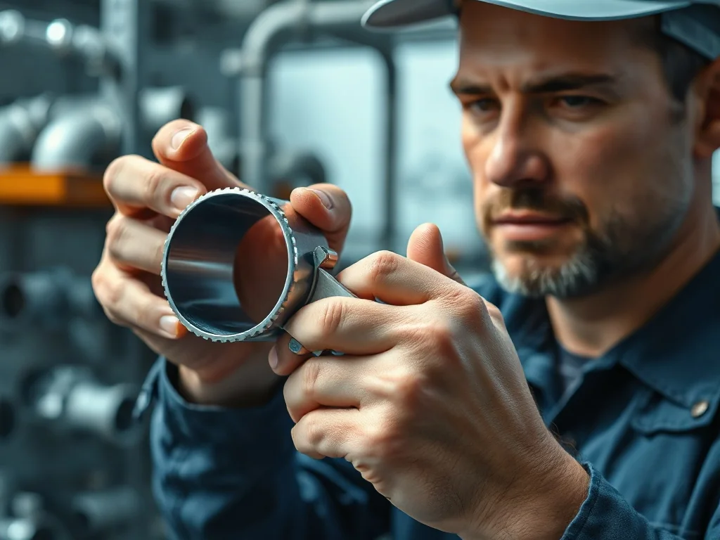 Hydraulik mierzy średnicę metalowej rury za pomocą suwmiarki w profesjonalnym warsztacie.