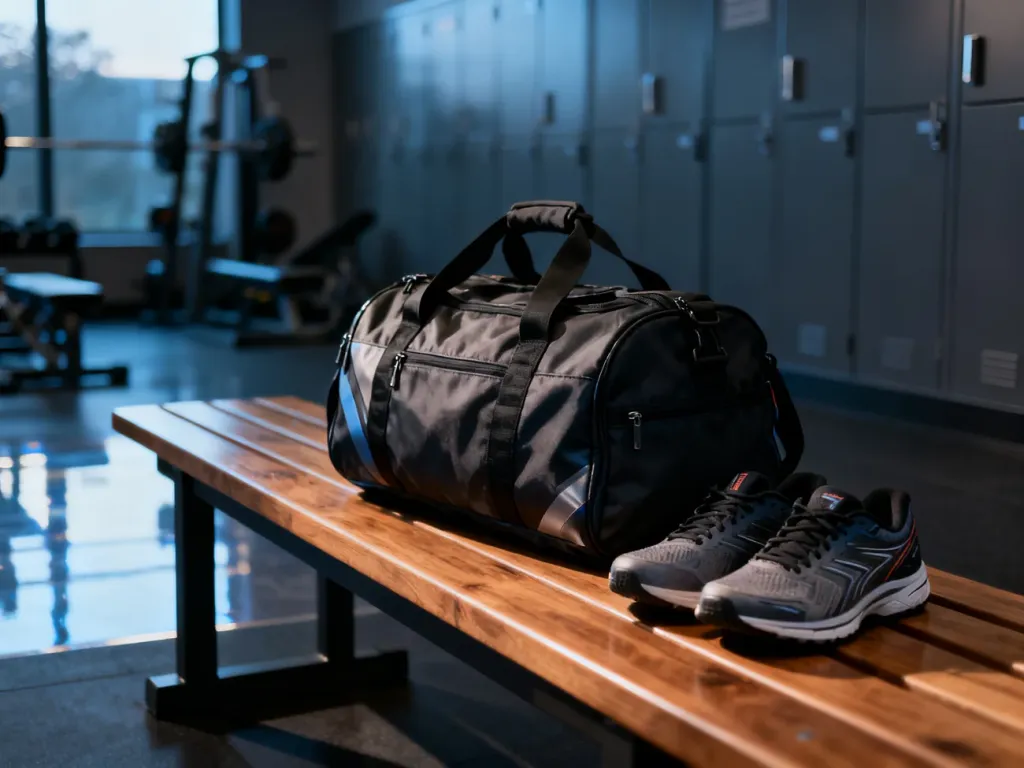 Torba sportowa i buty do biegania na ławce w nowoczesnej szatni, gotowe do treningu przed lub po pracy zmianowej.