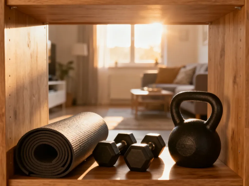 Uporządkowane hantle, kettlebell i mata do jogi na drewnianej półce w przytulnym, słonecznym salonie.
