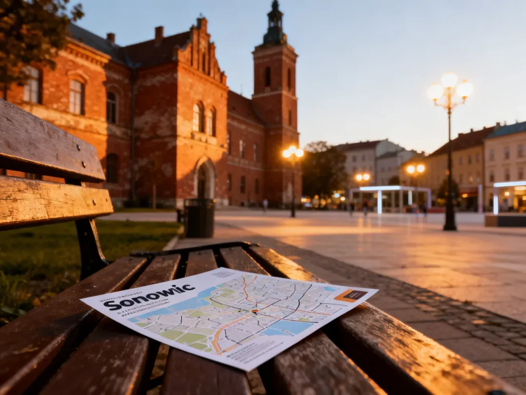 Złota godzina w centrum Sosnowca z mapą wydarzeń na ławce, zachęcająca do odkrywania miejskich atrakcji.
