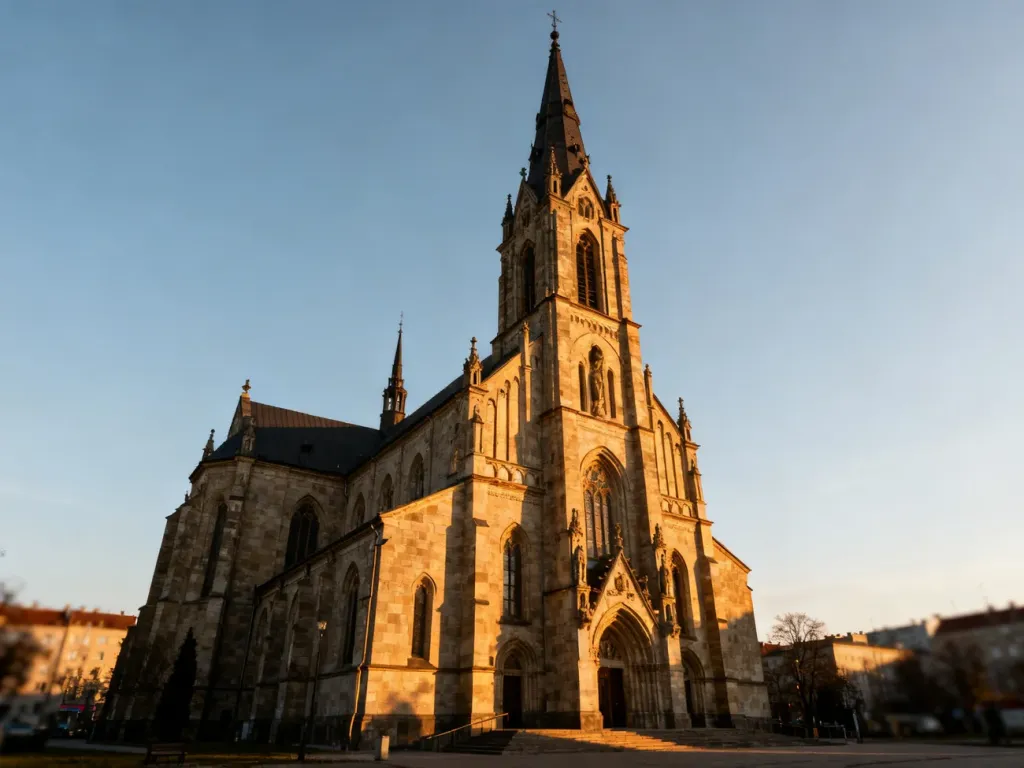 Majestatyczna, zabytkowa świątynia w Sosnowcu oświetlona ciepłym światłem zachodzącego słońca.