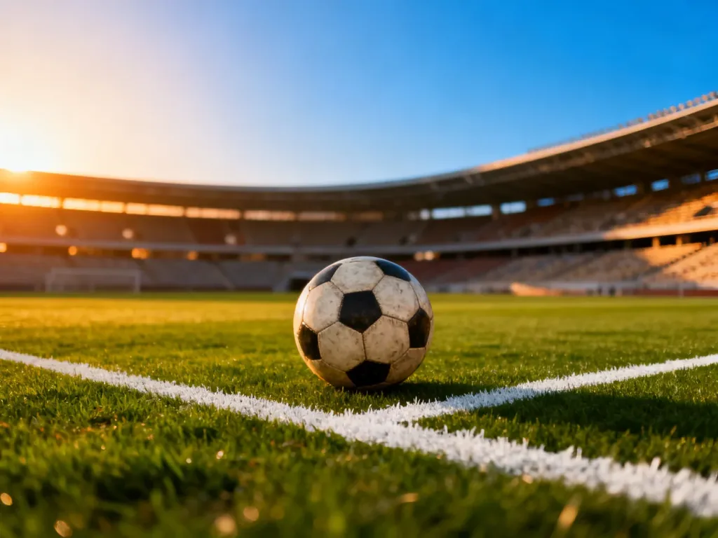 Nowoczesny stadion piłkarski w świetle zachodzącego słońca z piłką na środku murawy.