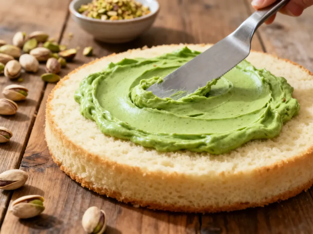 Krem pistacjowy rozprowadzany metalową szpatułką na warstwie biszkoptu, obok rozsypane orzechy pistacjowe.