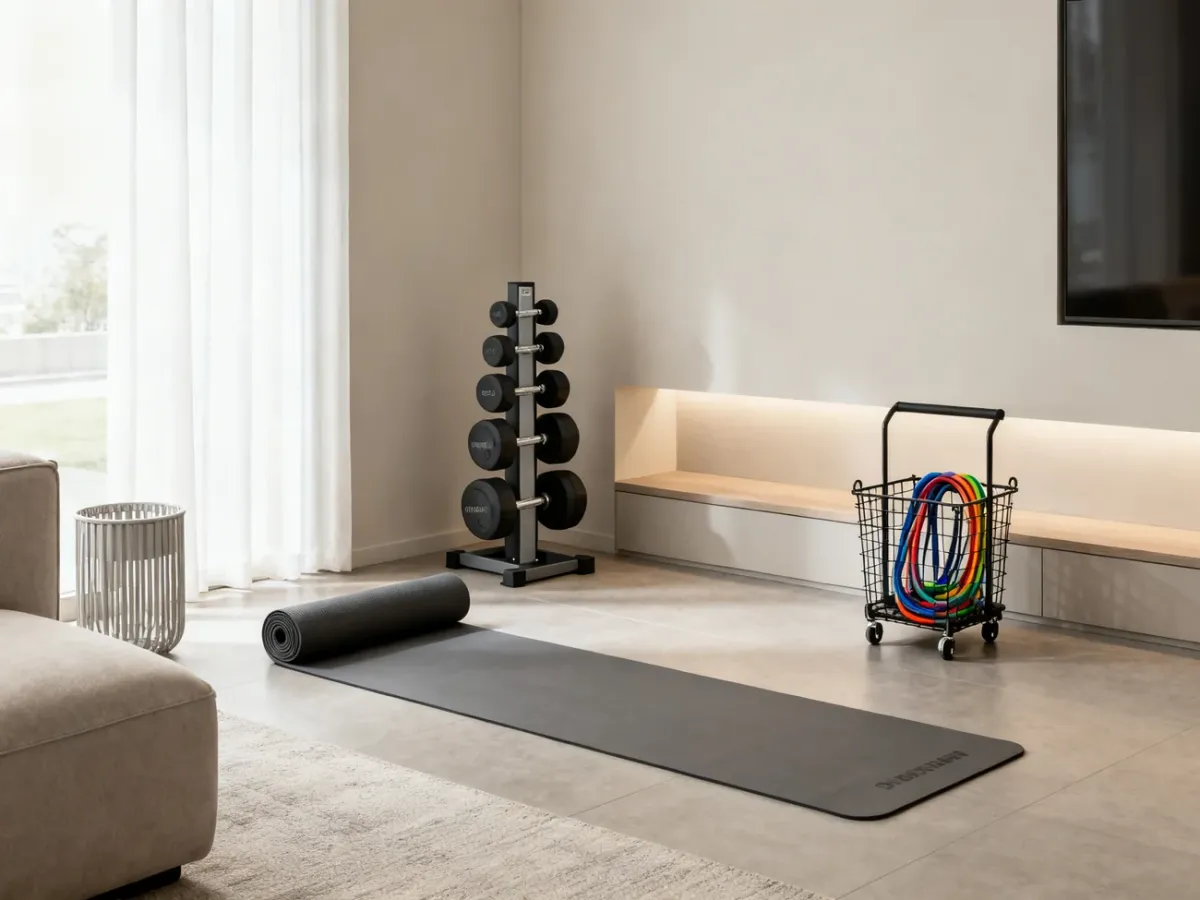 Funkcjonalny kącik fitness w małym mieszkaniu z mobilnym schowkiem na akcesoria