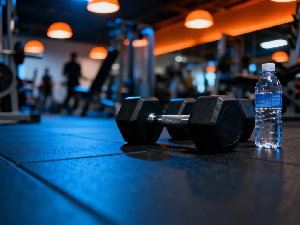 Czarne hantle i butelka wody na podłodze siłowni w tle z rozmytym, zatłoczonym wnętrzem klubu fitness.
