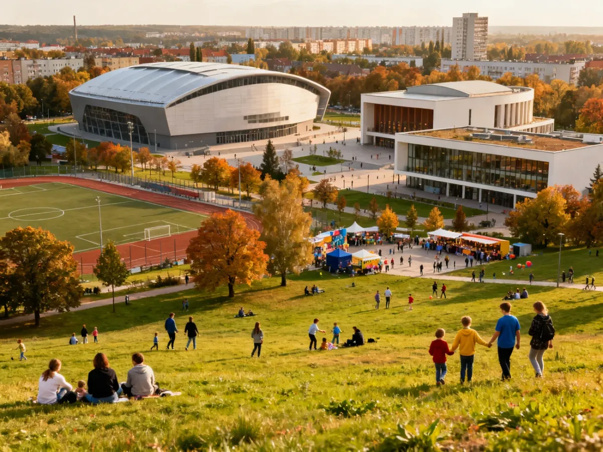 Panorama Sosnowca z areną sportową, instytucjami kultury i miejskim parkiem