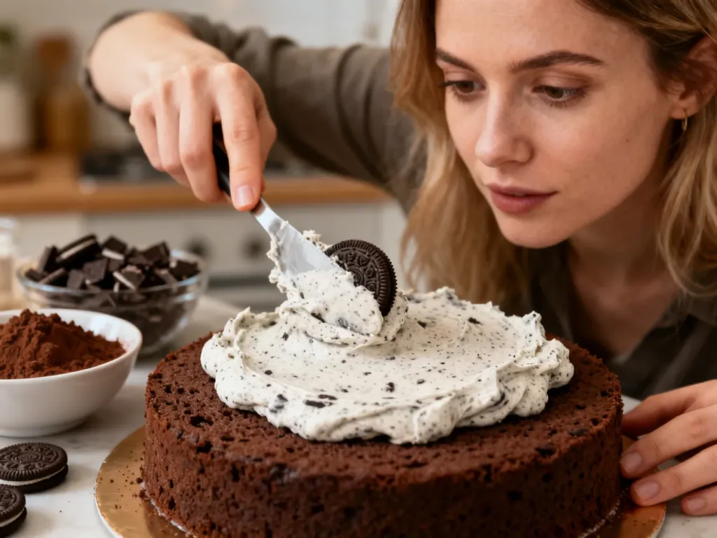 Krem z ciasteczkami Oreo nakładany na wilgotny blat czekoladowego tortu w domowej kuchni.