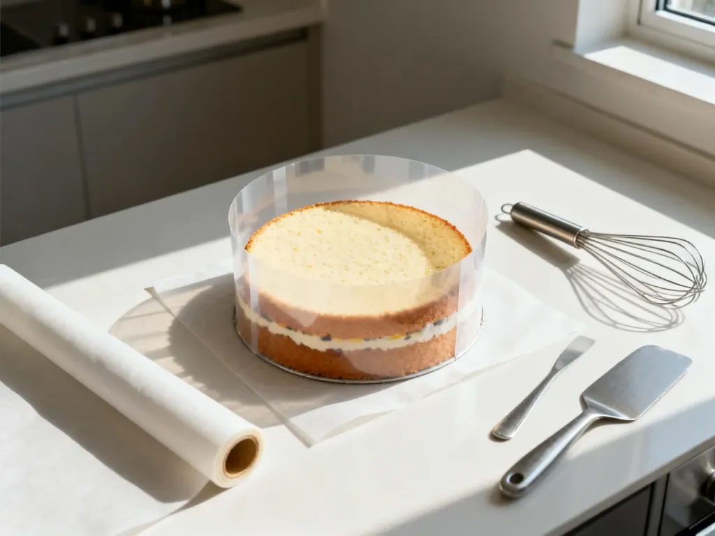 Tort z domowym rantem z papieru do pieczenia przygotowywany na kuchennym blacie. Profesjonalne ujęcie z góry.