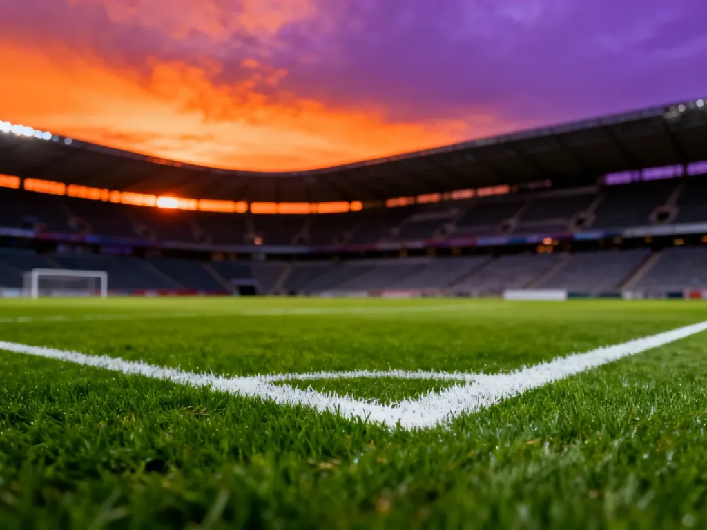 Nowoczesny stadion piłkarski z murawą oświetloną promieniami zachodzącego słońca.