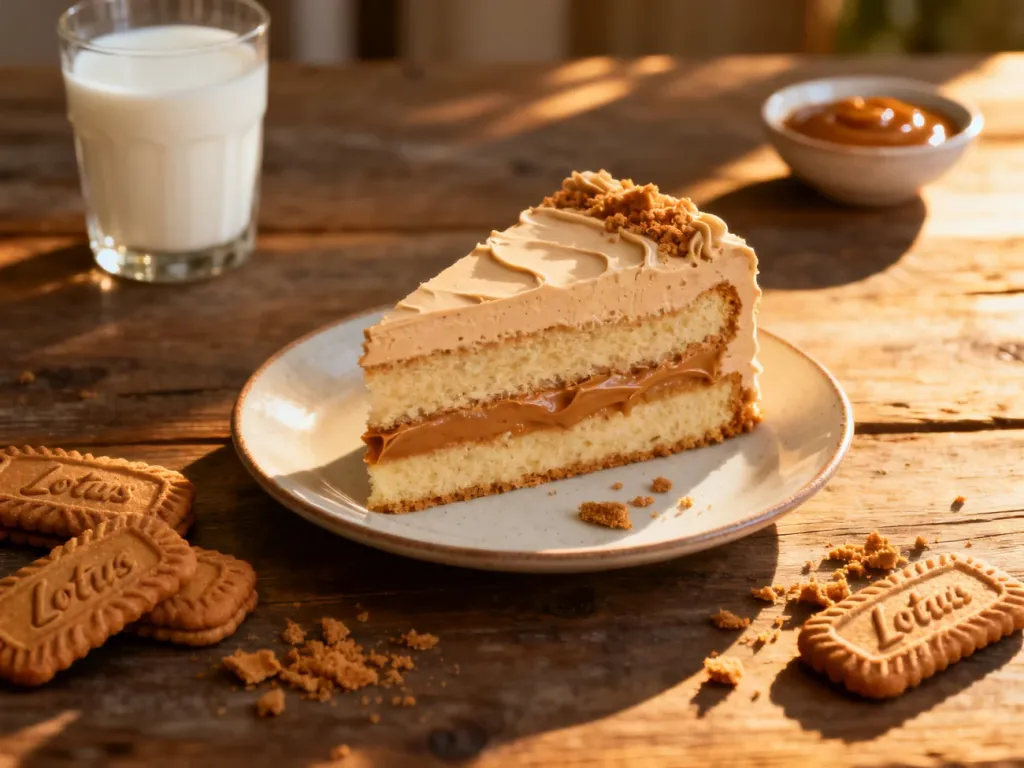 Kawałek tortu z kremem Lotus Biscoff na rustykalnym stole, obok ciasteczka i szklanka mleka w ciepłym świetle.