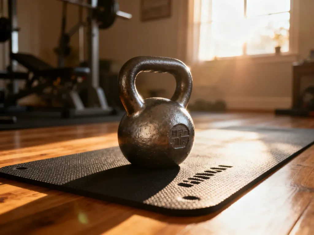 Ciężki kettlebell na gumowej macie ochronnej położonej na drewnianej podłodze, ilustrujący zabezpieczenie przed uszkodzeniami.