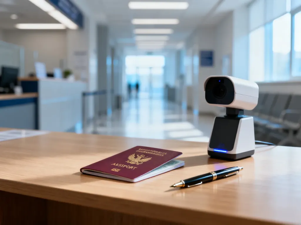 Biurko w urzędzie z paszportem i aparatem do zdjęć biometrycznych, przygotowane do obsługi interesantów.