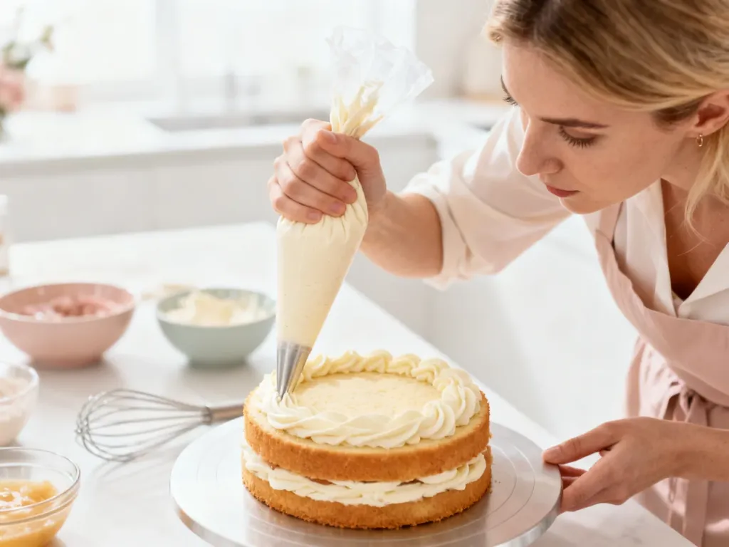 Kobieta precyzyjnie dekoruje tort sztywnym kremem w jasnej, nowoczesnej kuchni.