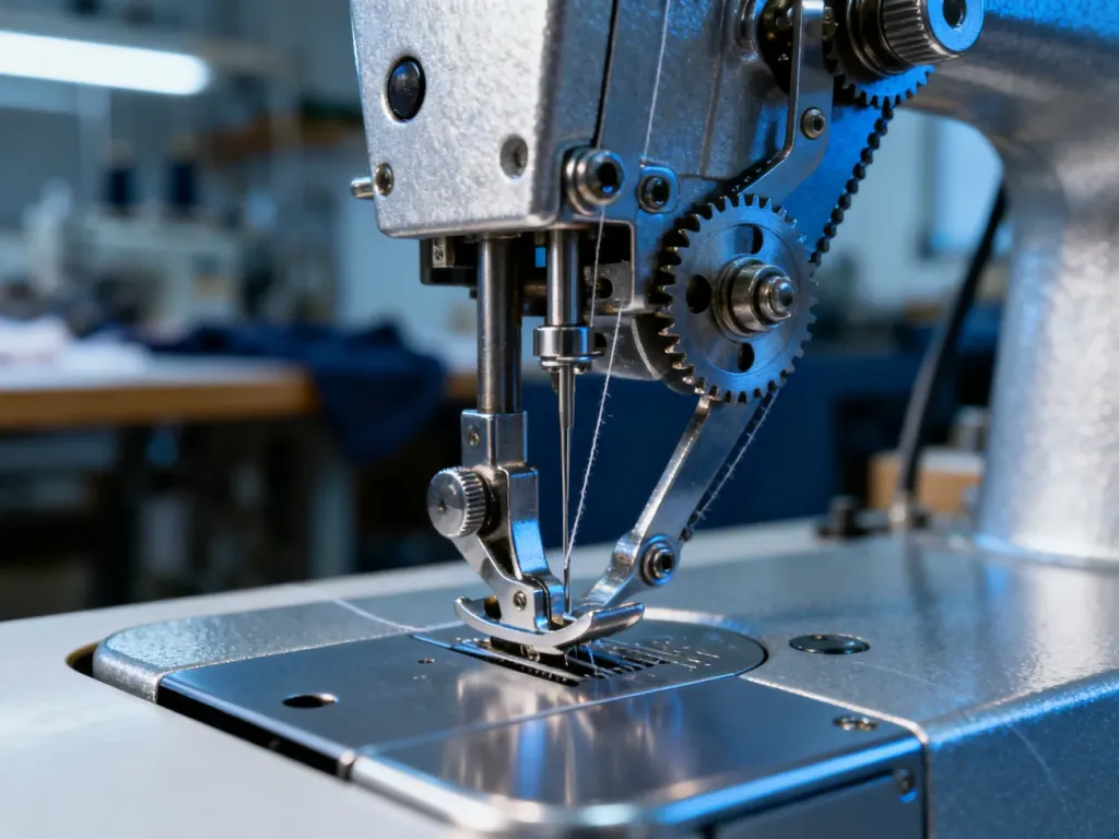 Zbliżenie na precyzyjny mechanizm maszyny do szycia, ukazujące igłę oraz metalowe elementy w profesjonalnym oświetleniu.