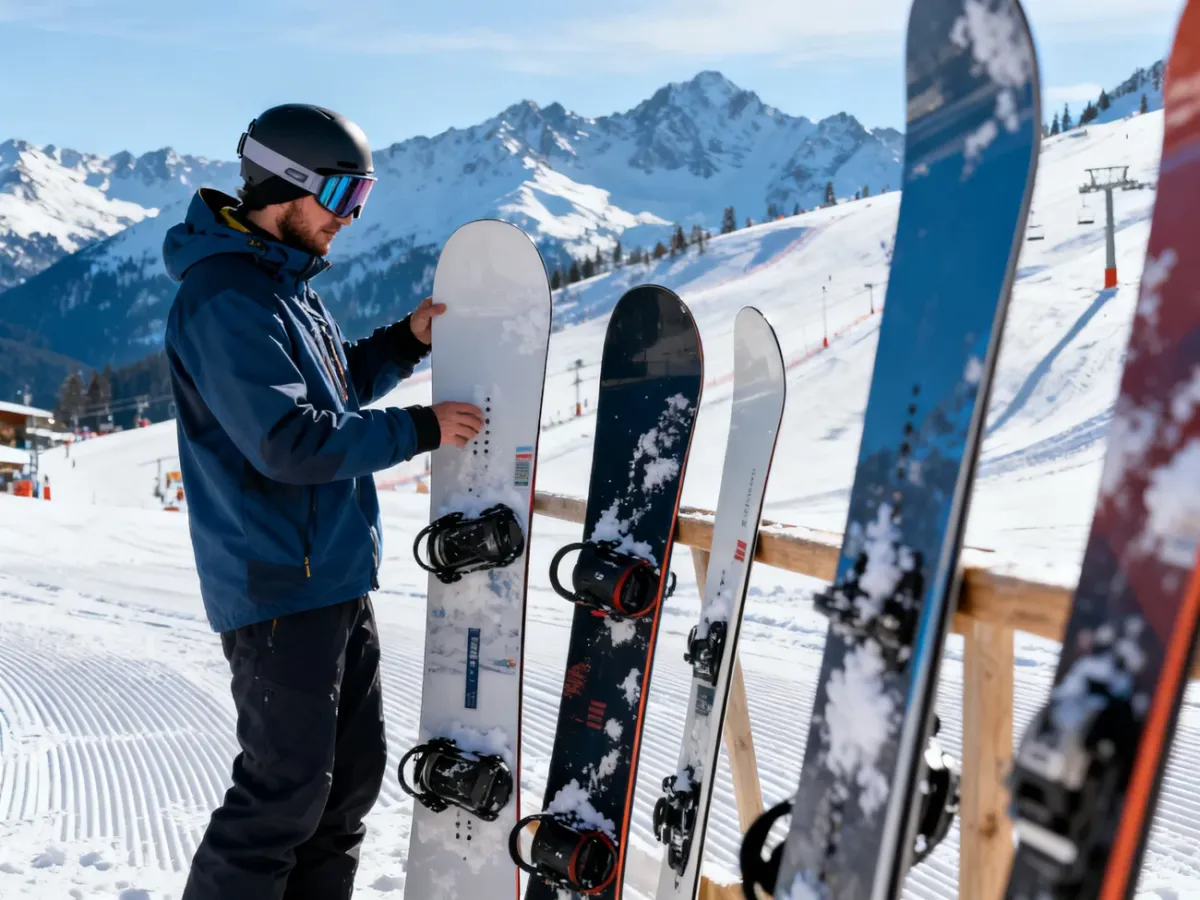 Snowboarder comparing snowboards of different lengths at an alpine resort