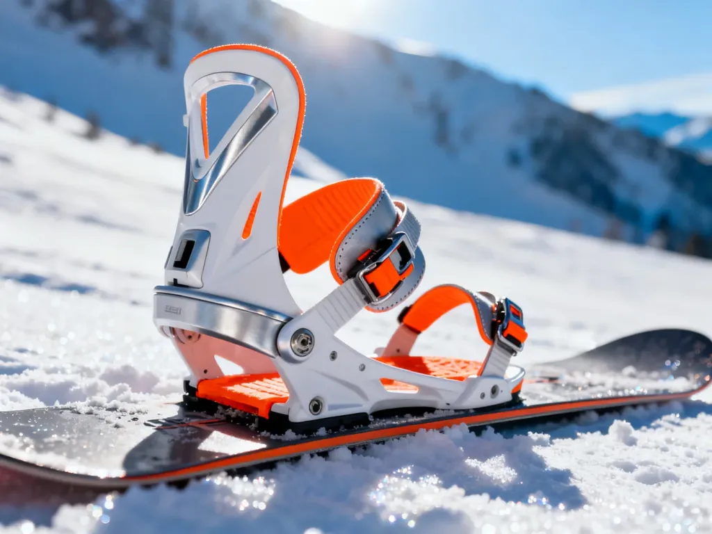 Nowoczesne wiązania snowboardowe zamontowane na desce, spoczywającej na świeżym śniegu na tle górskiego stoku.