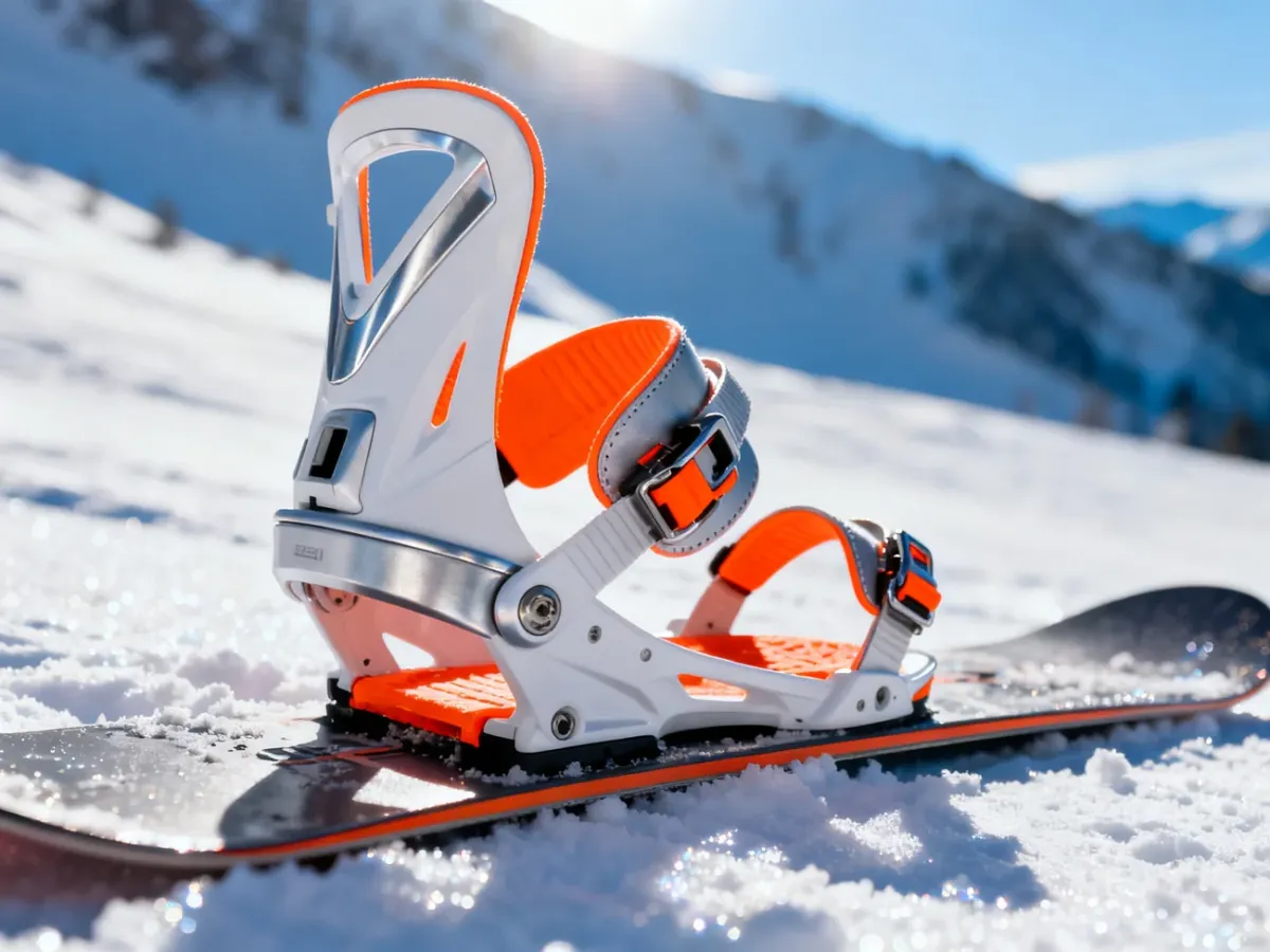 Nowoczesne wiązania snowboardowe zamontowane na desce, spoczywającej na świeżym śniegu na tle górskiego stoku.