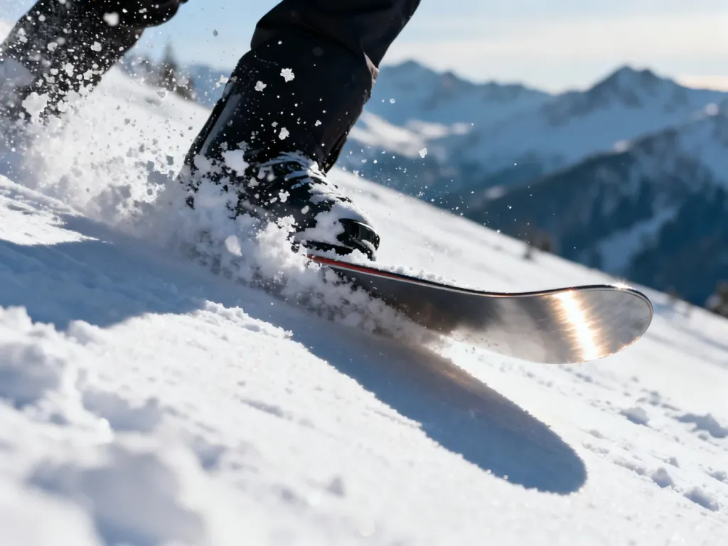 Ostra krawędź deski snowboardowej wcinająca się w śnieg podczas dynamicznego skrętu na stoku.