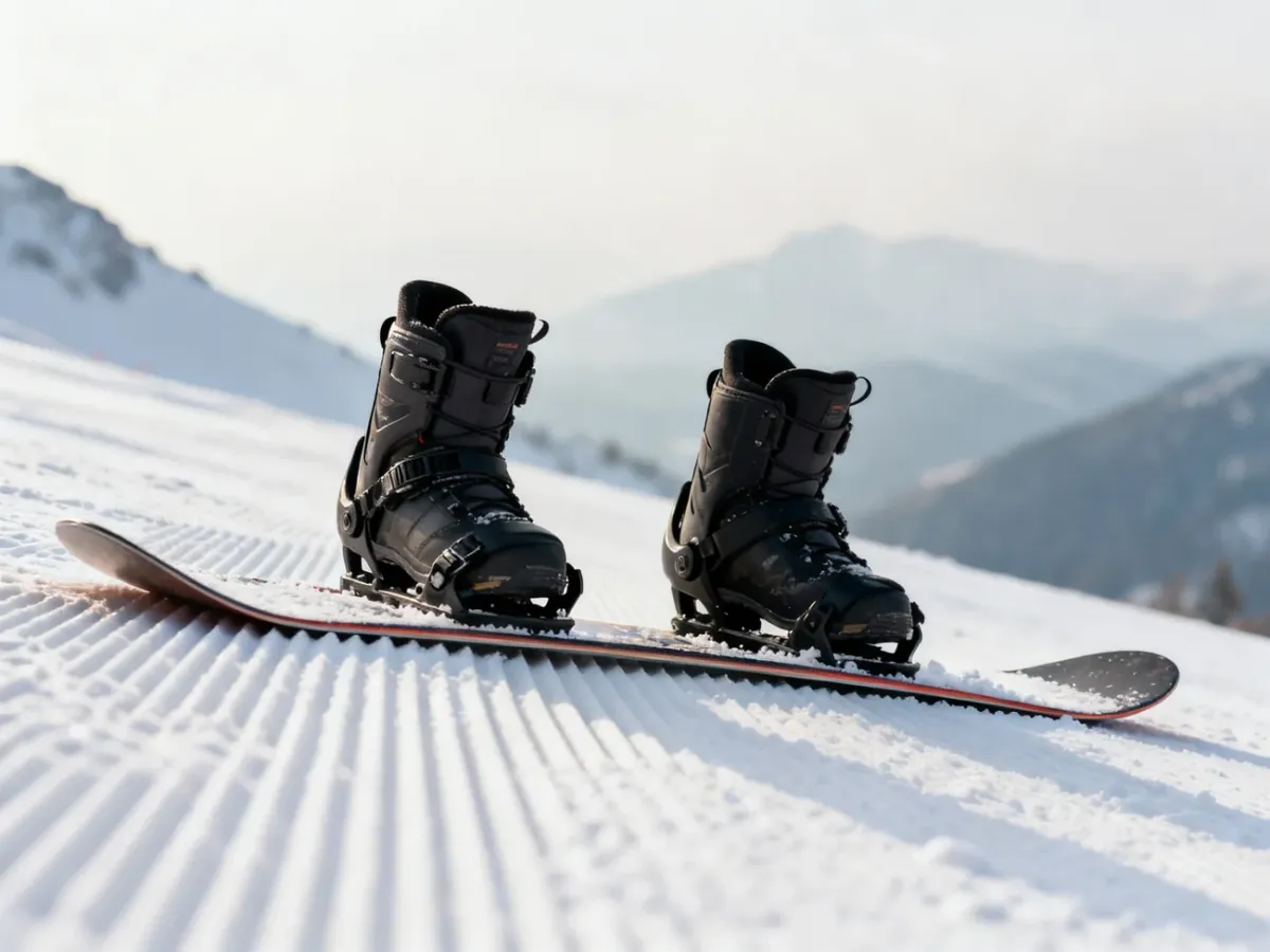Snowboard boots correctly positioned on a board without excessive overhang