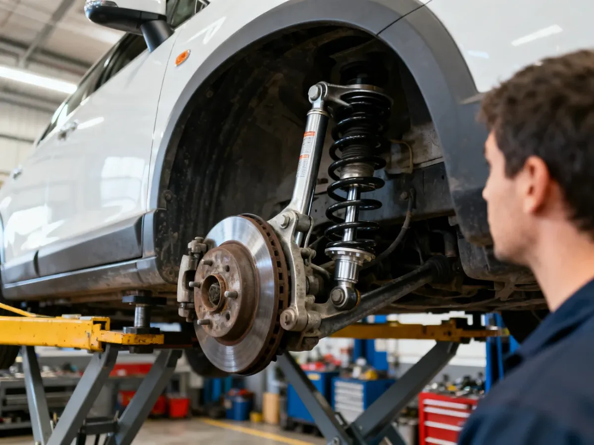 Mechanik sprawdzający zawieszenie i geometrię kół samochodu