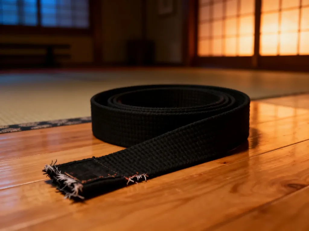 Czarny pas do sztuk walki leżący na drewnianej podłodze dojo, symbolizujący intensywny trening i dyscyplinę.