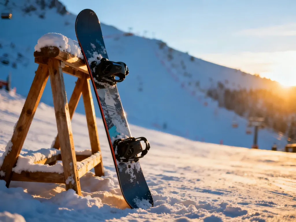 Profesjonalny snowboard oparty o drewniany stojak na tle ośnieżonego stoku w górach.