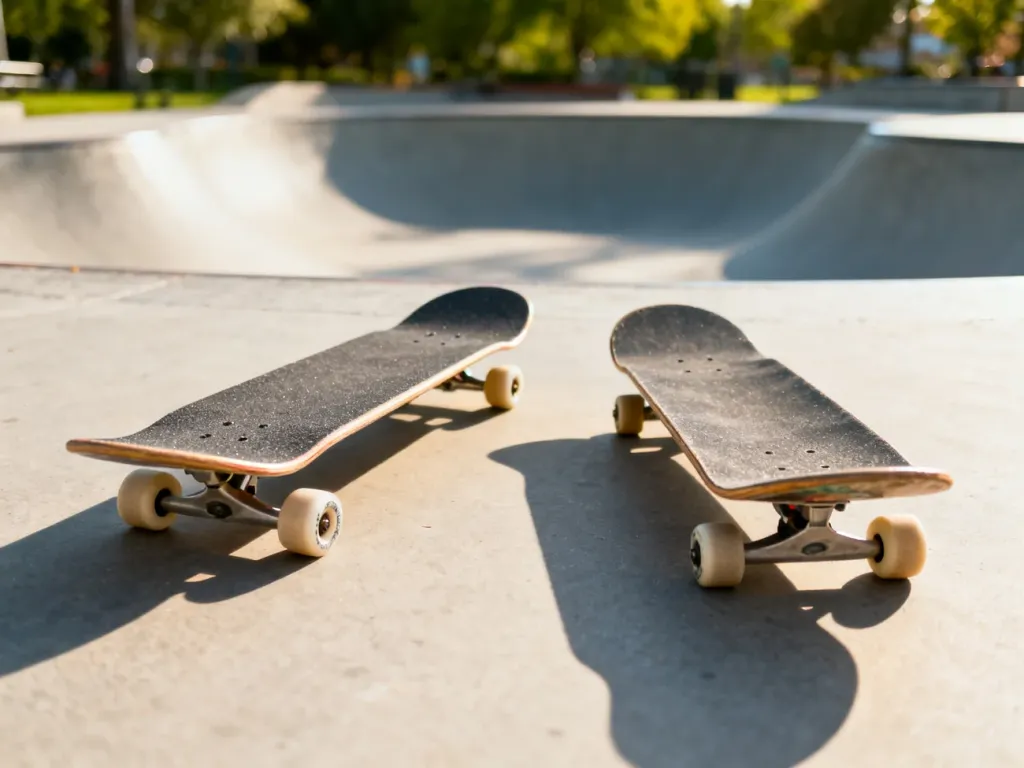 Porównanie longboardu i deskorolki leżących obok siebie na betonowym skateparku.