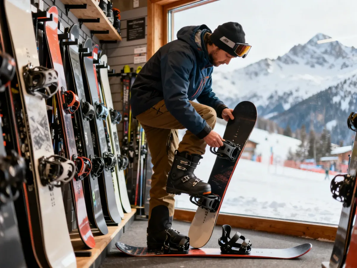 Snowboarder testing a board with boots and bindings in a gear shop