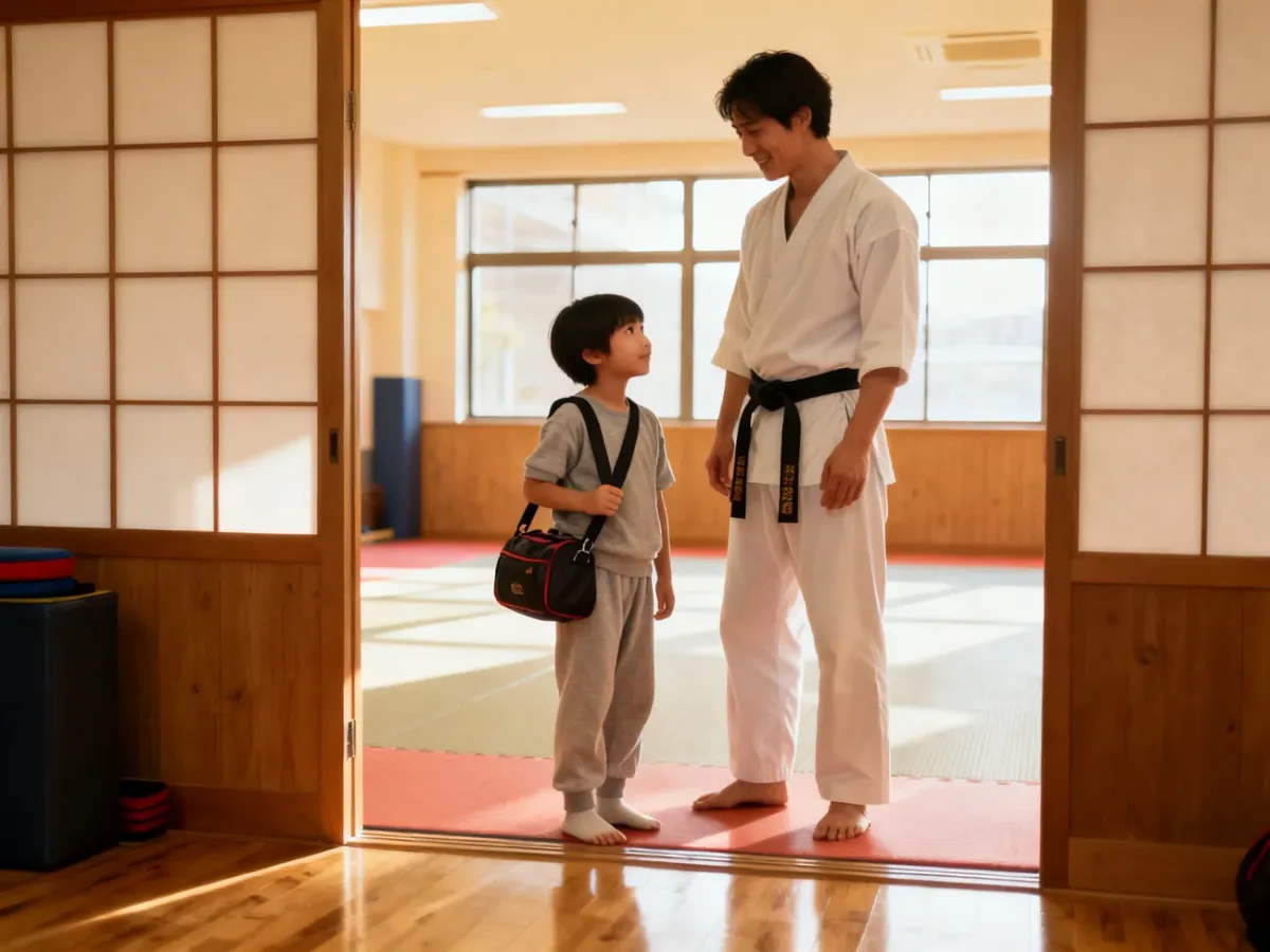 Dziecko z rodzicem przed pierwszym treningiem judo