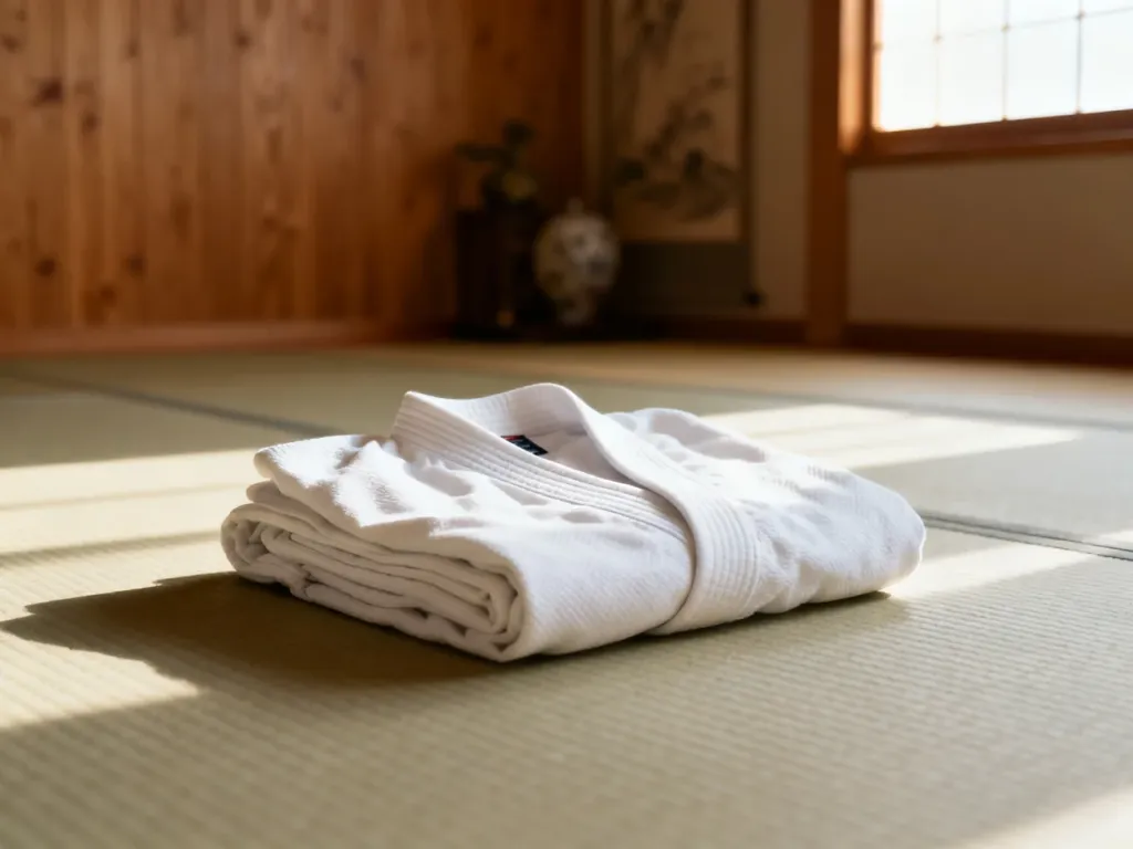 Starannie złożone białe judogi na macie tatami w profesjonalnym dojo, przygotowane do pierwszego treningu.